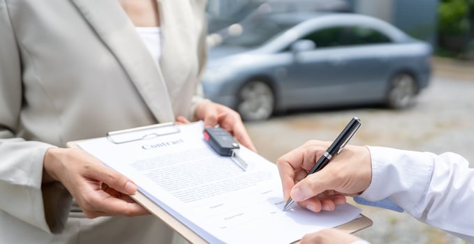 lease, rental car, sell, buy. Dealership send contract and car keys to new owner to sign. Sales, loan credit financial, rent vehicle, insurance, renting, Seller, dealer, installment, car care business photo