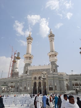 Mecca, Saudi Arabia, March 2023 - A beautiful view of the outer courtyard and minarets of King Fahd  gate Babe Fahad at Masjid Al Haram in Mecca. photo
