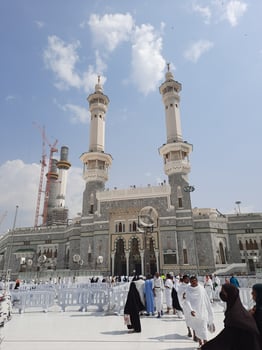 Mecca, Saudi Arabia, March 2023 - A beautiful view of the outer courtyard and minarets of King Fahd  gate Babe Fahad at Masjid Al Haram in Mecca. photo