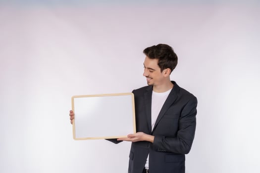 Portrait of happy businessman showing blank signboard on isolated white background photo