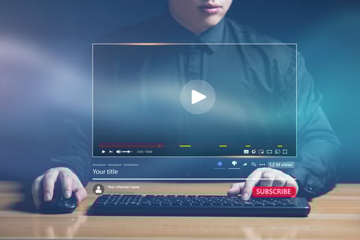 Modern multimedia technology concept. video content creation online streaming Popular internet video, video maker, monetization, social media. Men browse virtual window list of videos uploaded online. photo