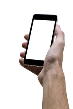 Male hand holding black cellphone with white screen at isolated white background. photo