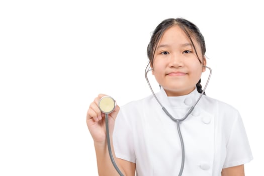 portrait of cute girl doctor or nurse with stethoscope isolated on white photo