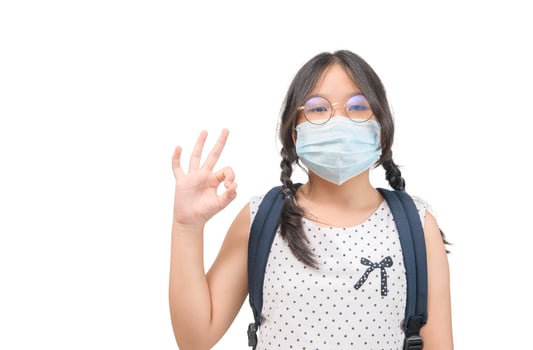 cute happy Asian student wear mask and show OK sign isolated on white. photo