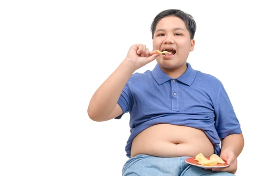 Obese fat boy eating potato chips isolated on white background, photo