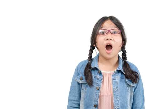 Portrait of surprised cute little asian girl child standing isolated over white background. photo