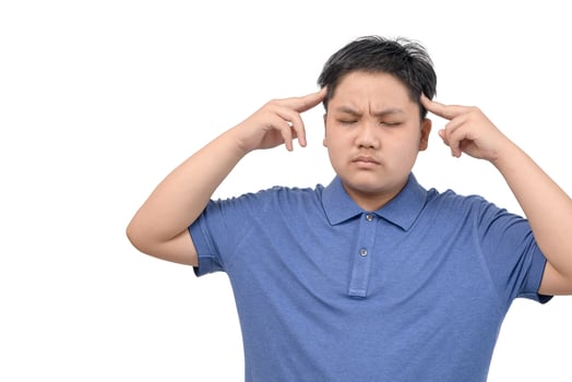 Obese boy feel strain or  headache isolated on white background, photo