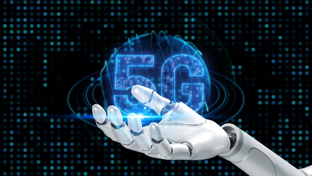 Robot android hand holding icon 5g photo