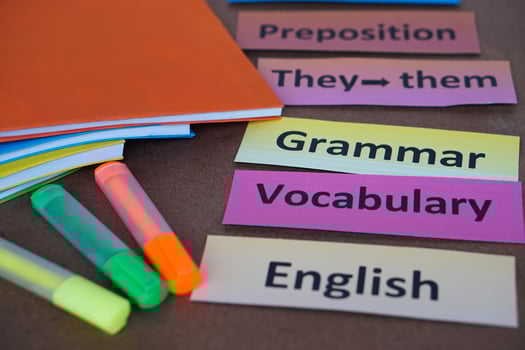 Word cards with text for teaching.    English grammar vocabulary. Concept, education, learning and studying language. English teaching materials. Old teaching style but still work.Educational items. photo