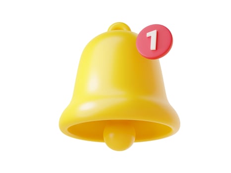 Notification bell icon 3d render - cute cartoon illustration of simple yellow bell with number one. photo