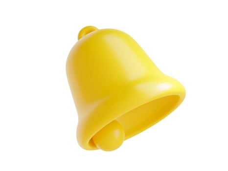 Notification bell icon 3d render - cute cartoon illustration of simple yellow bell for reminder or notice concept. photo