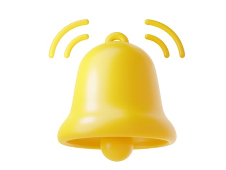 Notification bell icon 3d render - cute cartoon illustration of simple yellow bell for reminder or notice concept. photo