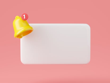 Notification bell icon 3d render - cute cartoon illustration of simple yellow bell for reminder or notice concept. photo