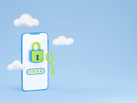 Personal data secure 3d render - padlock and password field on mobile phone screen as well as key and clouds. photo
