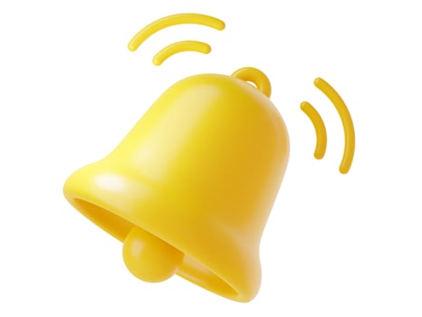 Notification bell icon 3d render - cute cartoon illustration of simple yellow bell for reminder or notice concept. photo