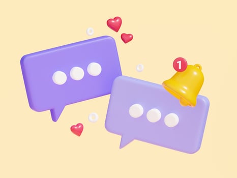 Notification bell on speech bubble with text 3d render. photo
