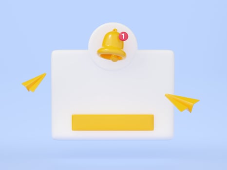 Notification 3d render - white banner with empty space for text, yellow bell and button isolated on blue background. photo