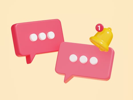 Notification bell on speech bubble with text 3d render. photo