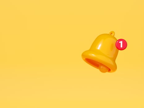 Notification bell icon 3d render - cartoon illustration of simple yellow bell for reminder or notice concept. photo
