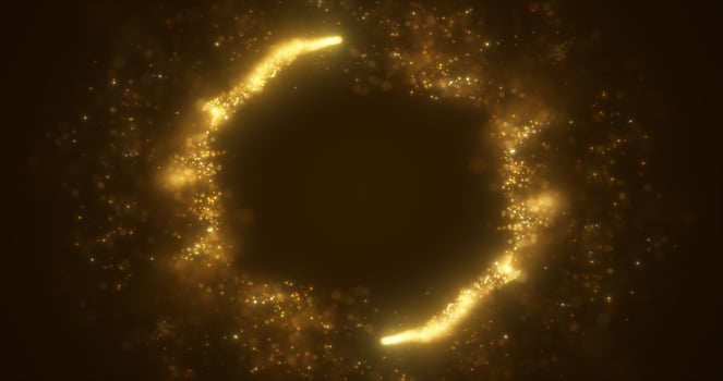 Abstract yellow gold energy lines and cyclic circles with magic bokeh from particles, abstract background photo