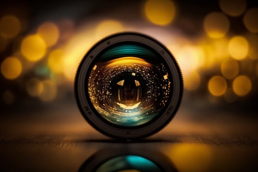 Camera lens, Background Defocused, Lights Reflection, free space AI Generated photo