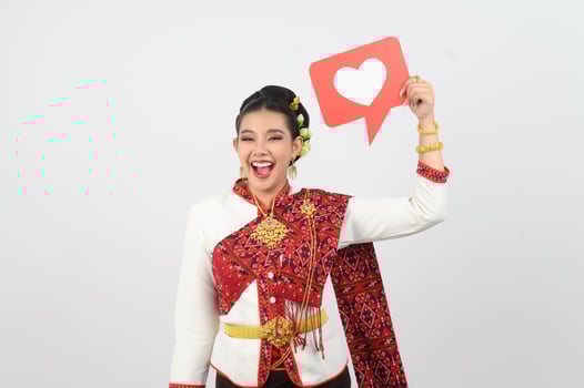 Young beautiful woman in Thai lanna costume with card card in heart symbol photo