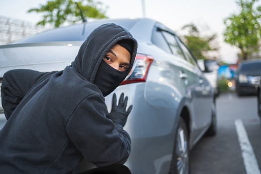 A thief with a robbery mask trying to steal an autobmobile photo