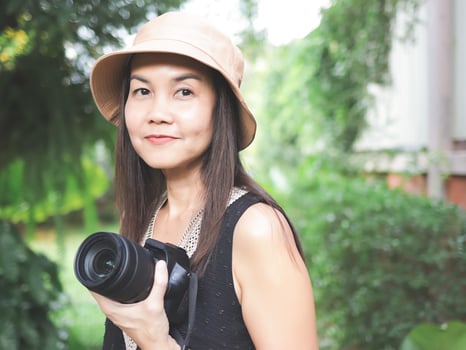 Asian woman, wearing hat and black top sleeveless, standing in the garden and  holding dslr camera, smiling happily. photo