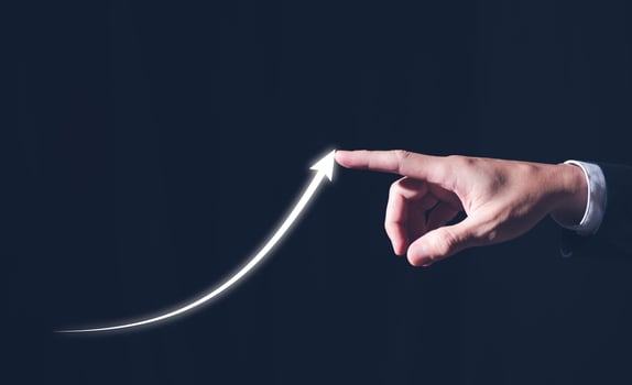 start up and growth business increasing arrow up trend, businessman drawing line show business growing photo