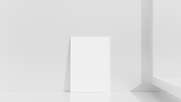 Frame mockup on white wall. Poster mockup. Clean, modern, minimal frame. Empty frame Indoor interior, show text or product photo