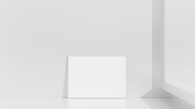 Frame mockup on white wall. Poster mockup. Clean, modern, minimal frame. Empty frame Indoor interior, show text or product photo