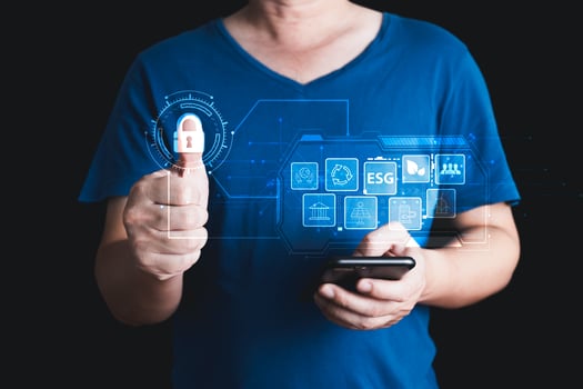 hand touch hologram to save energy,and reduce global warming,climate change,ecology friendly investment,ESG environment social governance,Green Business Innovation and Sustainable Development concept. photo