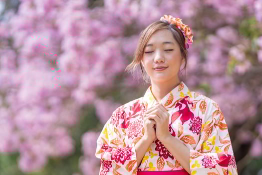 Japanese woman in traditional kimono dress is making a new year wish for good fortune while walking in the park at cherry blossom tree during spring sakura festival with copy space photo