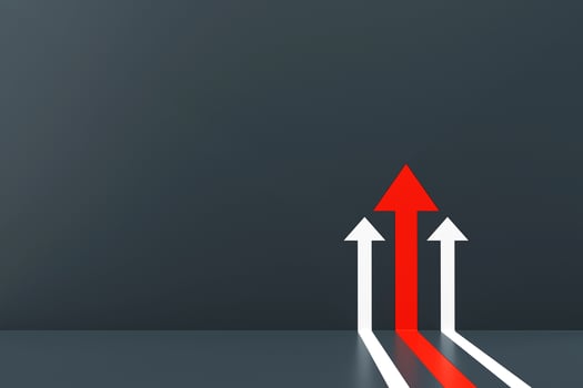Red arrow with two white arrow going up on gray wall background. Business arrow target direction concept to success. Finance growth vision stretching rising up. 3d rendering photo