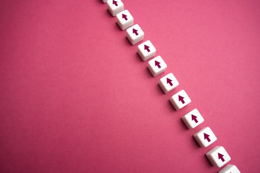 Sequential chain of arrows. Set course, make your way. Moving forward, step by step. Motivation, self-development. Strategic planning. New opportunities. photo