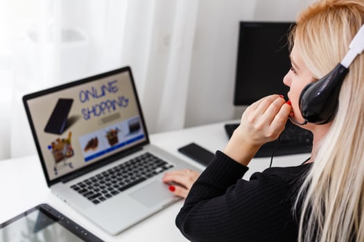 Support phone operator in headset at workplace photo