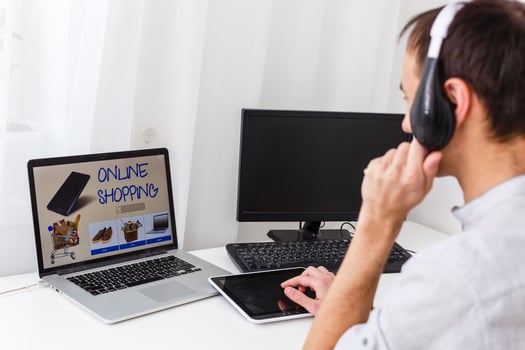 Cheerful support phone operator in headset at workplace photo