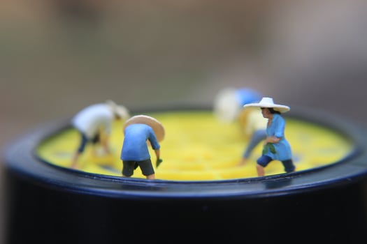 photo of a miniature figure with the concept of a farmer farming on a respirator.