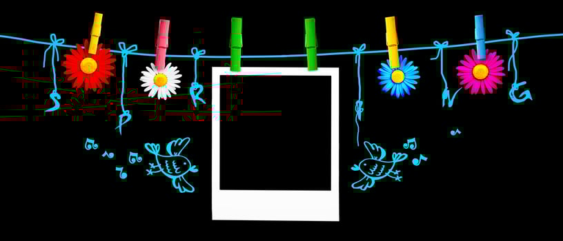 Flowers and polaroid frame with word spring. Creative floral composition. photo