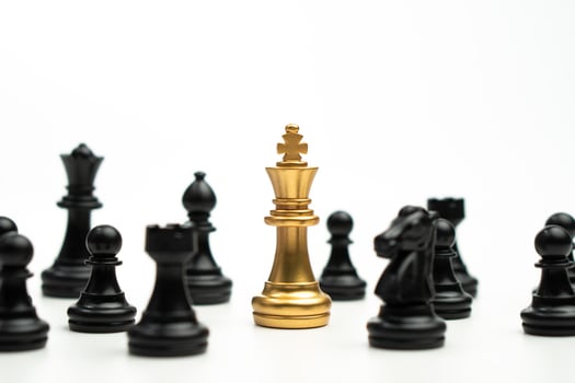 Golden Chess King standing to Be around of other chess, Concept of a leader must have courage and challenge in the competition, leadership and business vision for a win in business games photo