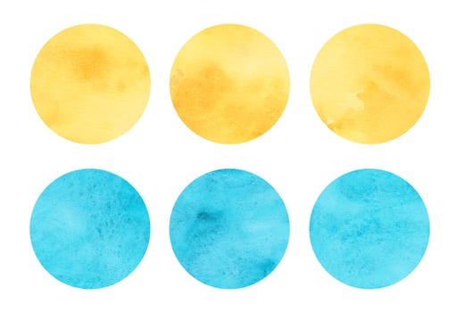 Colorful watercolor circles set. Blue and yellow colors abstract round geometric shapes on white background. Aquarelle multicolored stains on paper texture overlay. Template for your design. photo