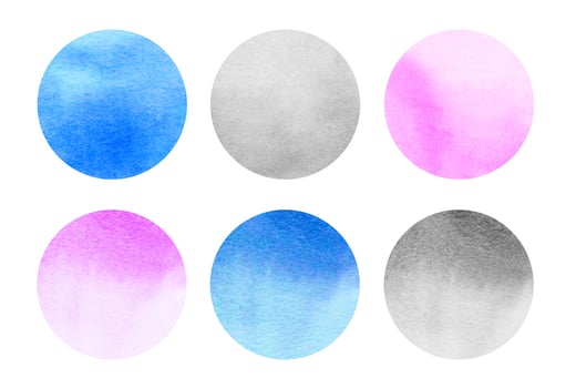 Colorful watercolor circles set.  Pink, blue, gray colors abstract round geometric shapes on white background. Aquarelle stains on paper texture overlay. Template for your design. photo