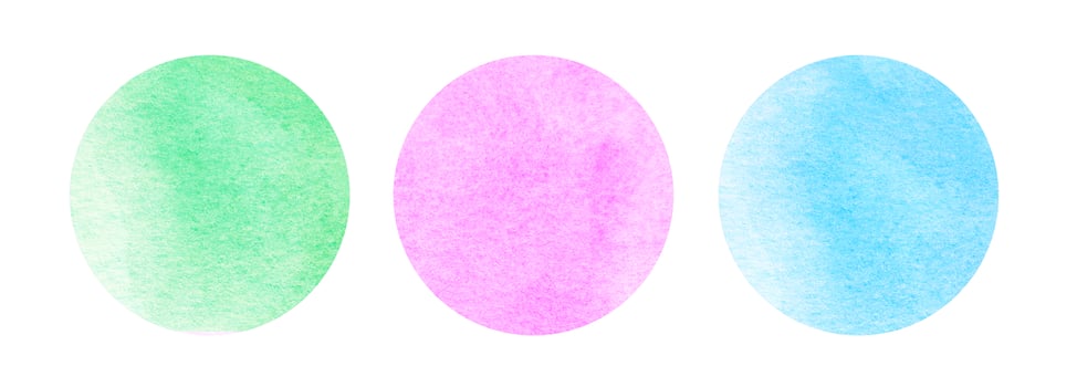 Colorful watercolor circles set. Pink, green, blue abstract round geometric shapes on white background. Aquarelle multicolored stains on paper texture overlay. Template for your design. photo