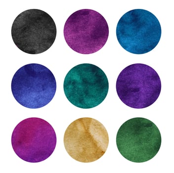 Colorful watercolor circles set. Blue, purple, green, pink, violet, orange, black watercolour circles on white background. Multicolored aquarelle backdrop. Abstract art. Template for your design. photo