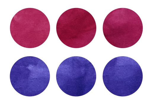 Colorful watercolor circles set. Red and blue round geometric shapes on white background. Aquarelle stains on paper texture. Abstract art. Template for your design. photo