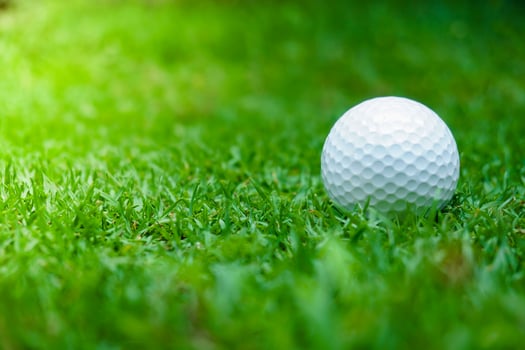 Green grass with golf ball close-up in soft focus at sunlight. Sport playground for golf club concept photo