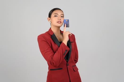 Young beautiful woman in formal clothing for officer on white background photo