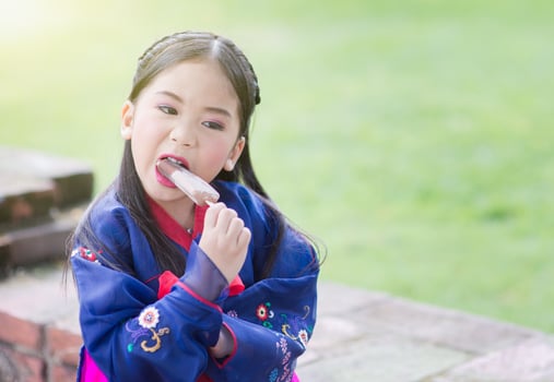 cute girl wearing Japaness costumes eating ice-cream photo