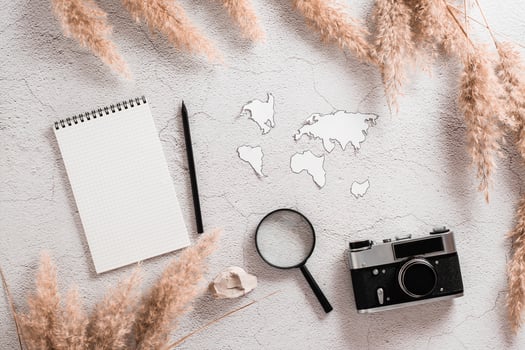 Flat lay concept travel. Notebook, pencil, continent templates, magnifier and vintage camera surrounded by grass on textured concrete background. photo