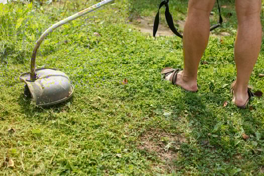 a man mows grass with a trimmer outdoor photo